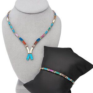 E. Luna Taxco Mexico .950 Silver Multicolor Lab Opal Inlay Necklace & Bracelet